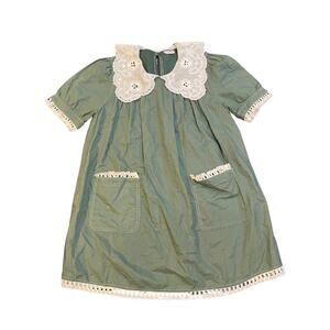 Just Me Mini Babydoll Dress Lace Peter Pan Collar Pockets Puff Sleeves Cottage
